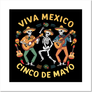 Viva Mexico Cinco De Mayo Colorful Dancing Skeletons Design Posters and Art